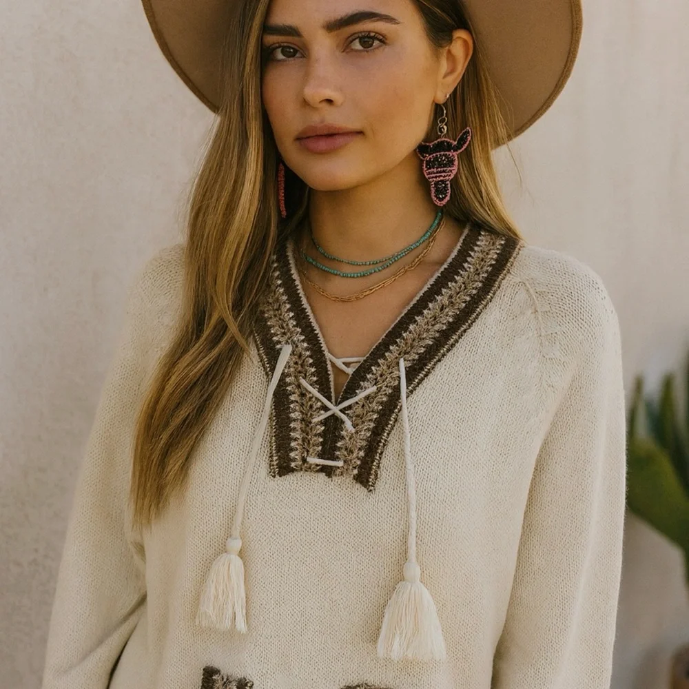 Cream Knit Sweater with Brown Accents - Picture 1 of 8